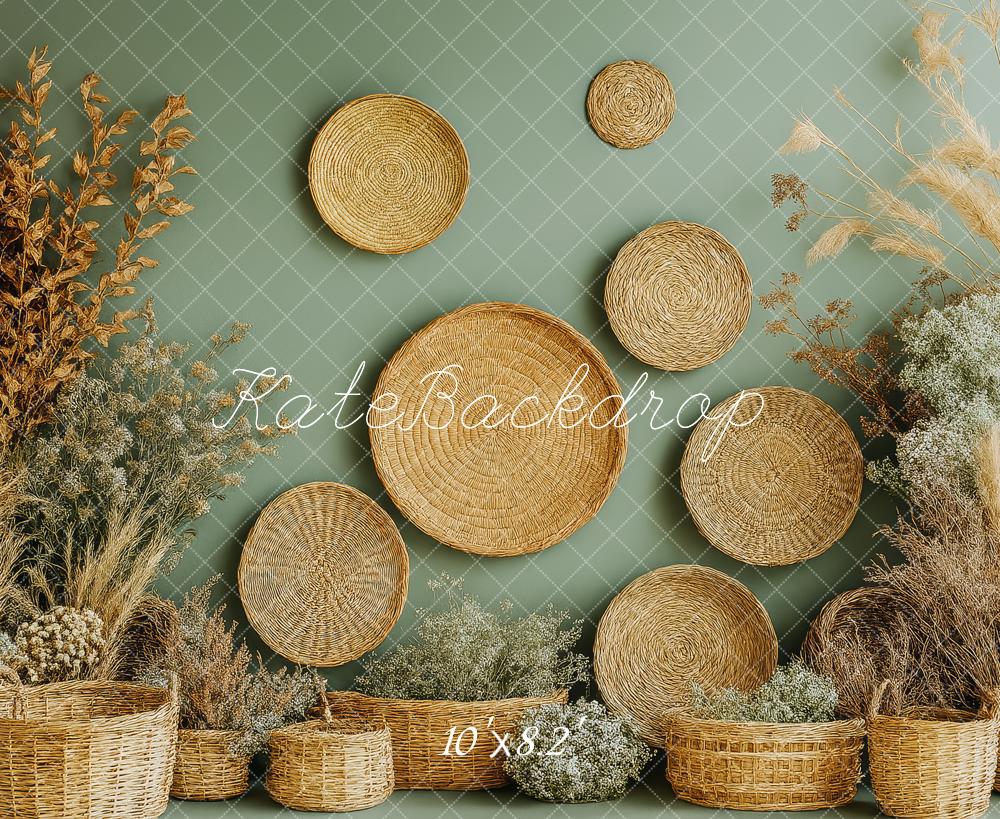 Kate Boho Rattan Körbe Trockenblumen Hintergrund Entworfen von Patty Roberts - Kate Backdrop.de