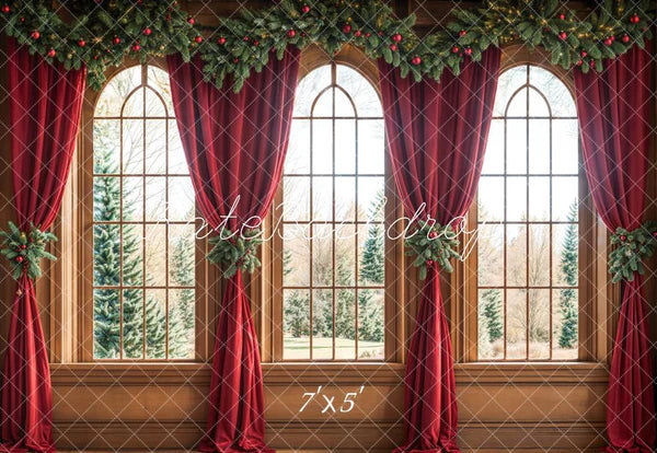 Kate Weihnachten Gewölbtes Fenster Rote Vorhänge Hintergrund Entworfen von Emetselch - Kate Backdrop.de