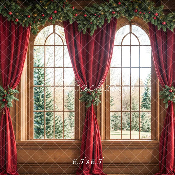 Kate Weihnachten Gewölbtes Fenster Rote Vorhänge Hintergrund Entworfen von Emetselch - Kate Backdrop.de