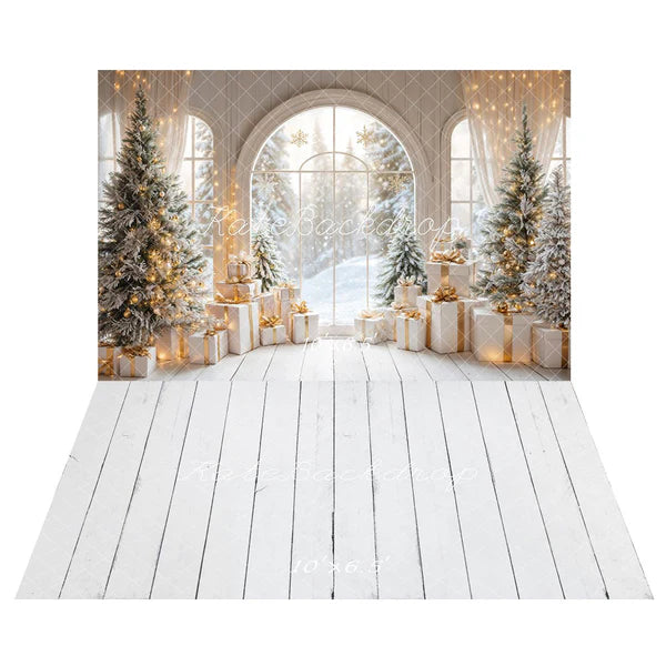 Kate Weißer Bogen Fenster mit Weihnachten Baum Geschenke Hintergrund+Cremefarbener Holzboden Hintergrund - Kate Backdrop.de