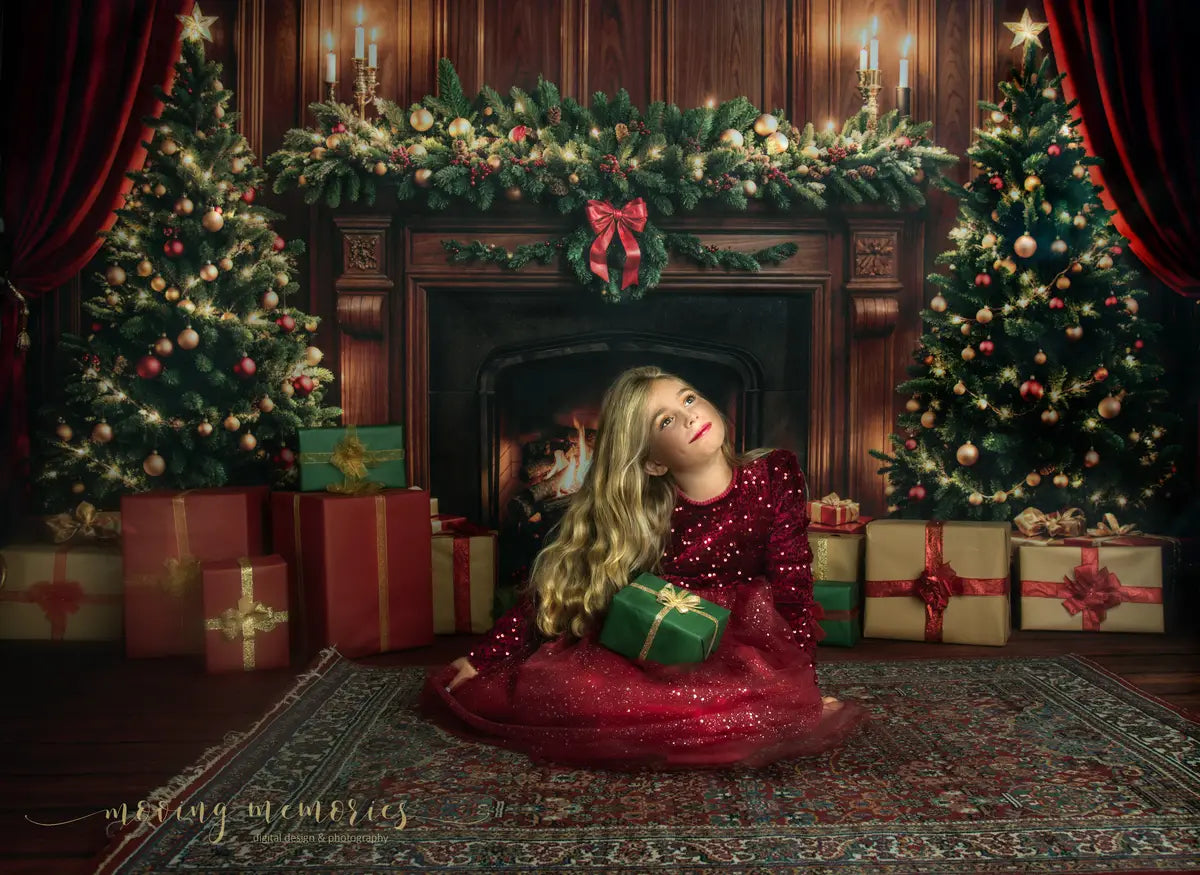 Kate Weihnachten Kamin Baum Braun Retro Wand Hintergrund+Brauner Holzstrukturboden Hintergrund - Kate Backdrop.de