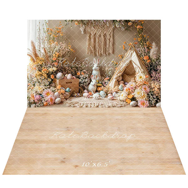 Kate Osterhase Boho Floral Eier Hintergrund+Natürliche Holz Textur Boden Hintergrund - Kate Backdrop.de