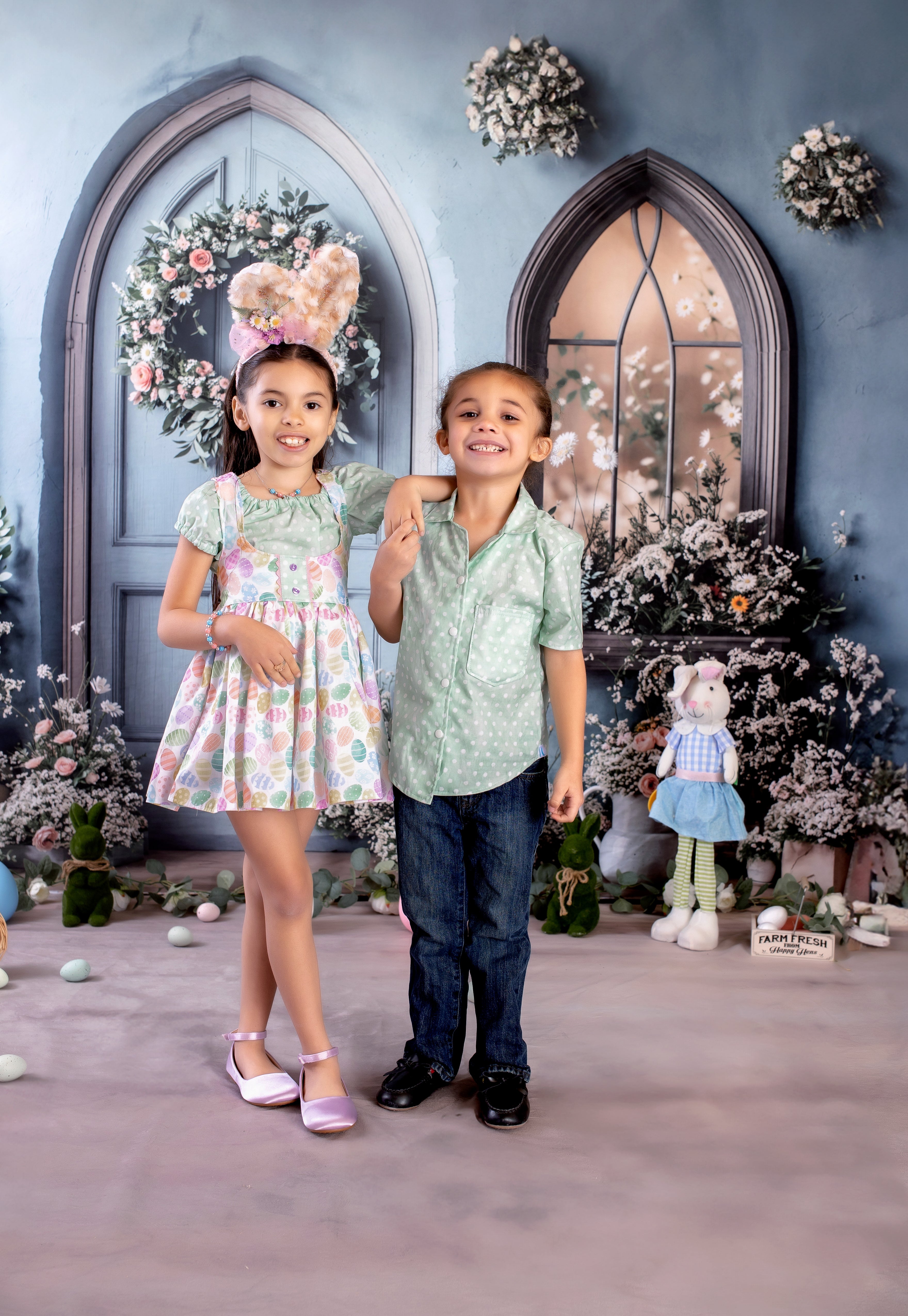 Kate Osterhase Blau Blumentür Hintergrund+Neutraler Holzboden Hintergrund - Kate Backdrop.de