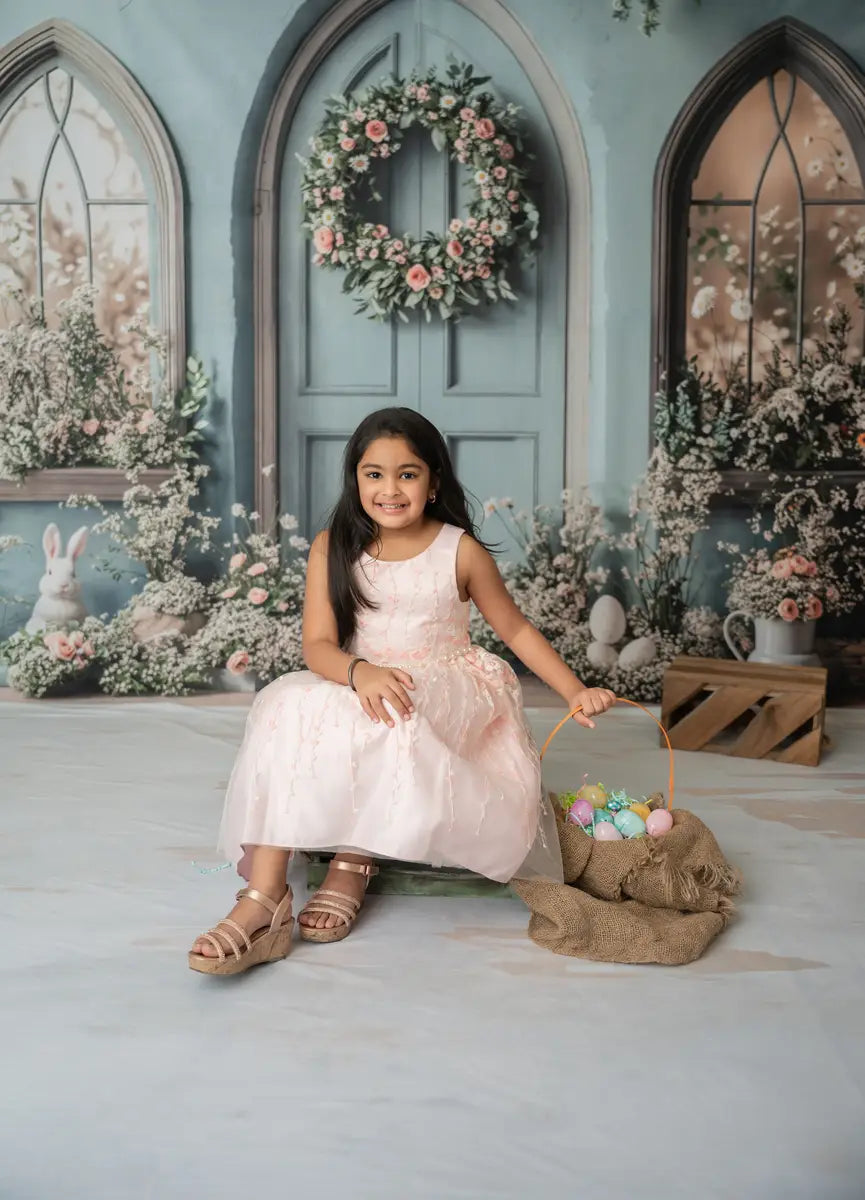 Kate Osterhase Blau Blumentür Hintergrund+Neutraler Holzboden Hintergrund - Kate Backdrop.de