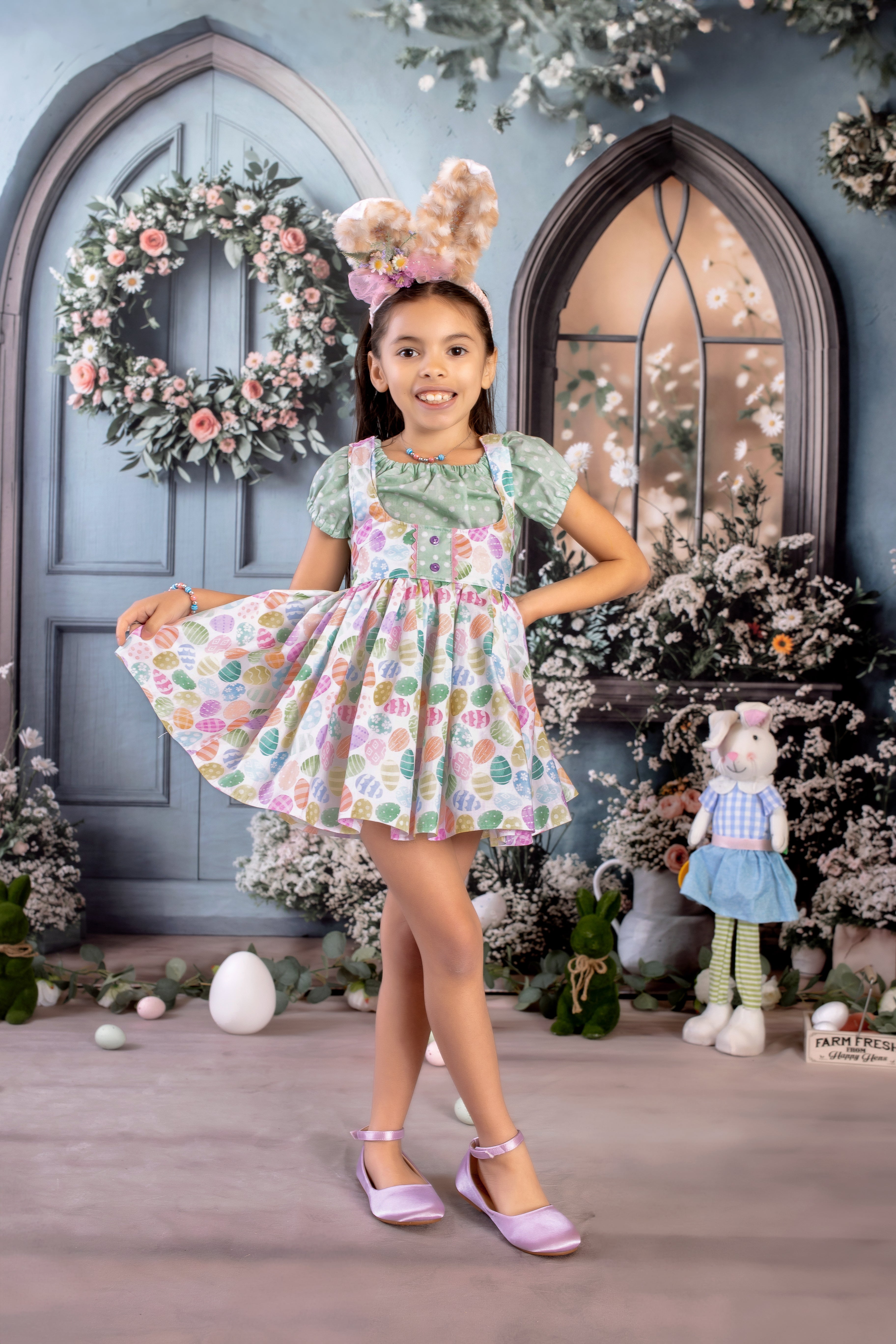 Kate Osterhase Blau Blumentür Hintergrund+Neutraler Holzboden Hintergrund - Kate Backdrop.de