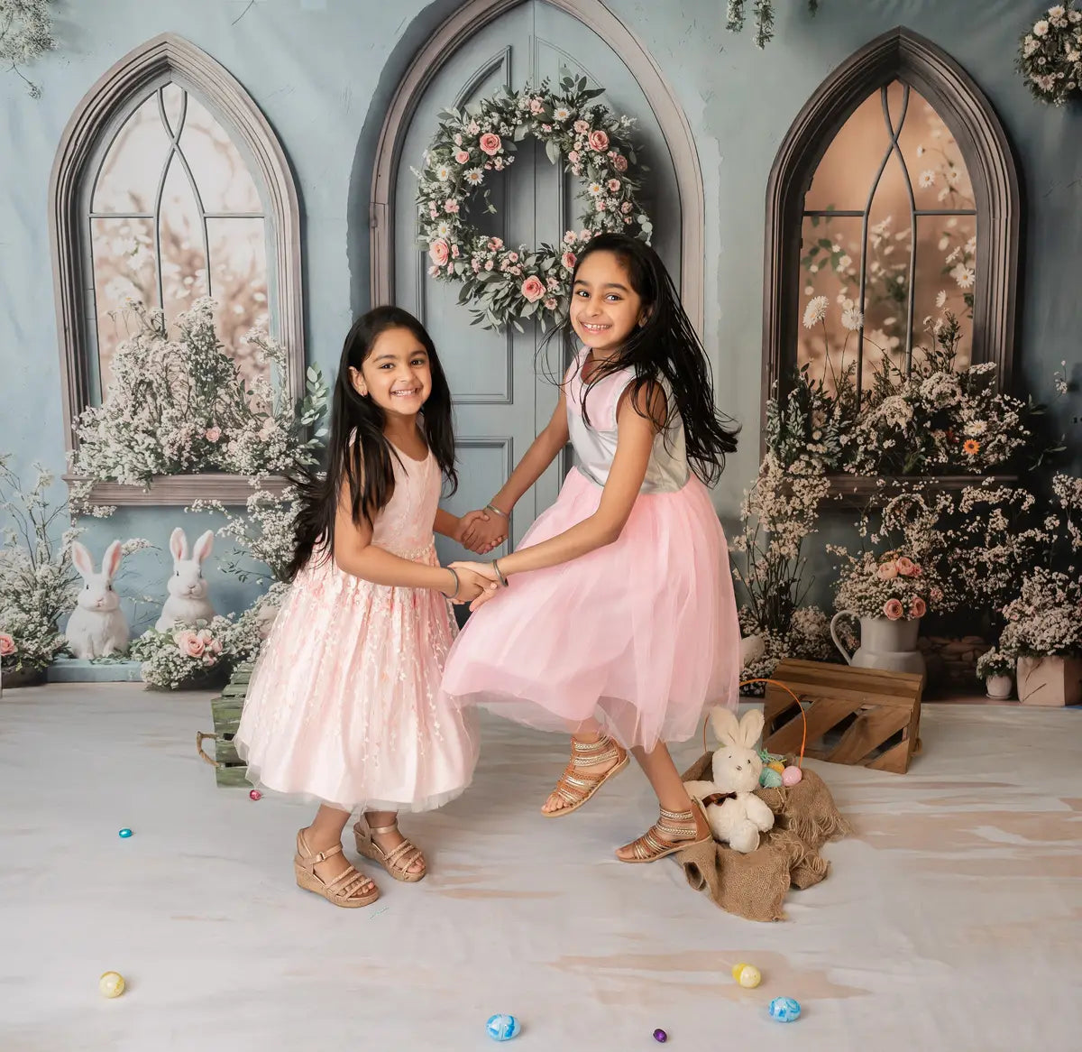 Kate Osterhase Blau Blumentür Hintergrund+Neutraler Holzboden Hintergrund - Kate Backdrop.de