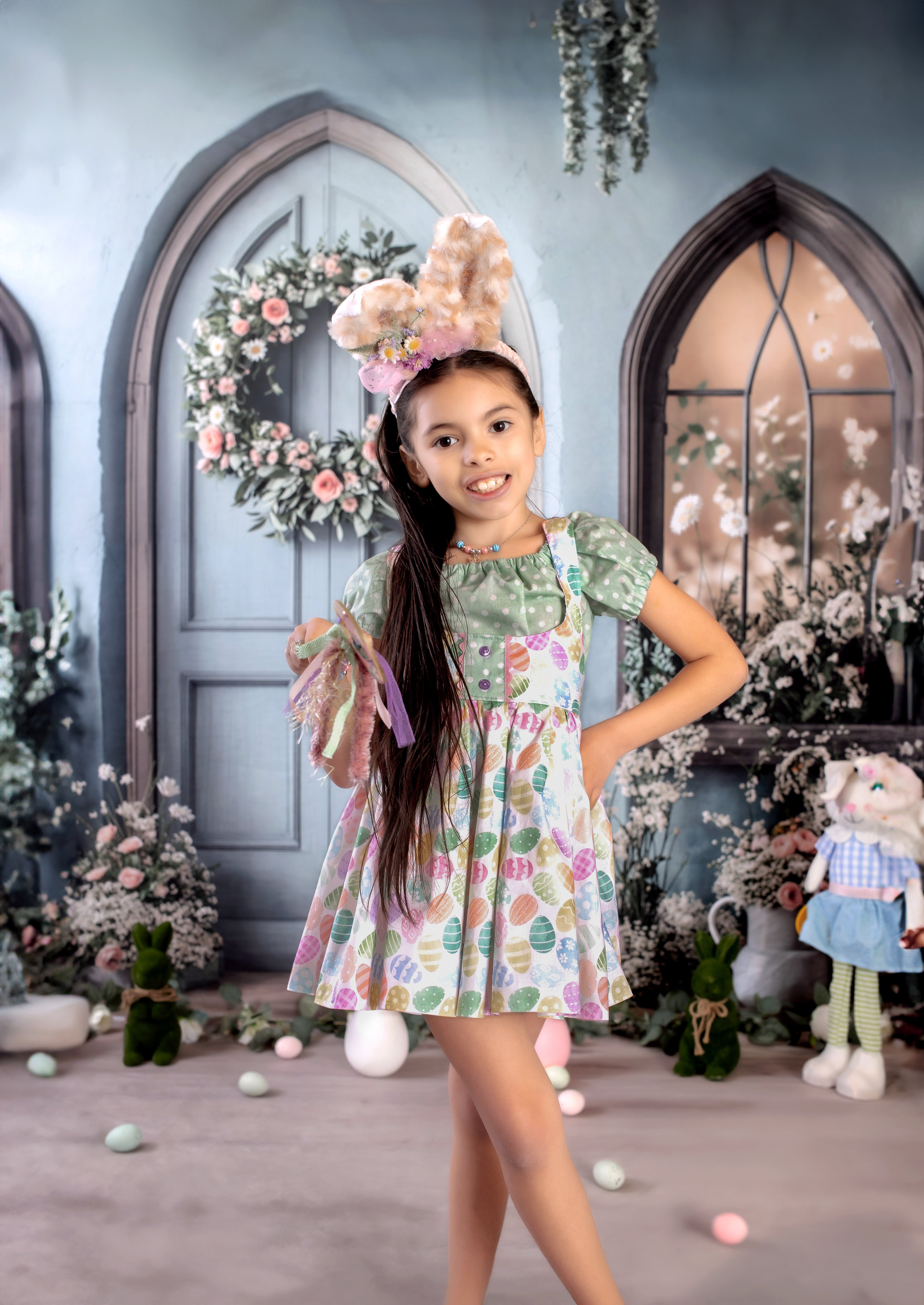 Kate Osterhase Blau Blumentür Hintergrund+Neutraler Holzboden Hintergrund - Kate Backdrop.de