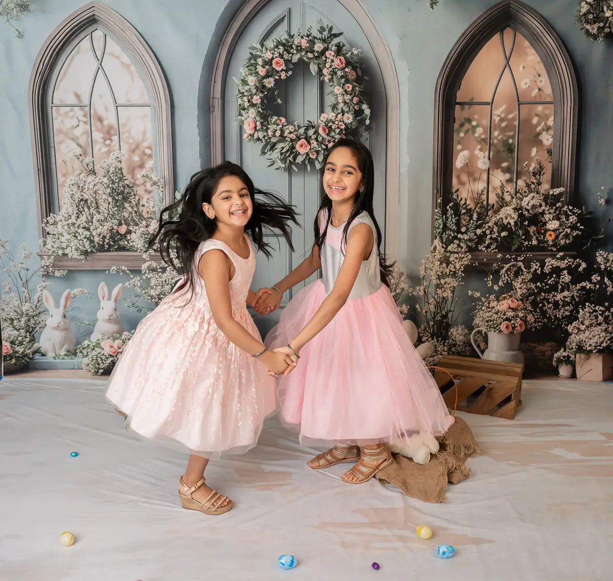 Kate Osterhase Blau Blumentür Hintergrund+Neutraler Holzboden Hintergrund - Kate Backdrop.de