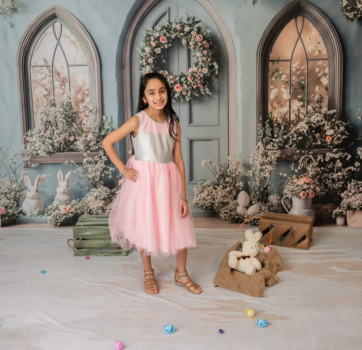 Kate Osterhase Blau Blumentür Hintergrund+Neutraler Holzboden Hintergrund - Kate Backdrop.de