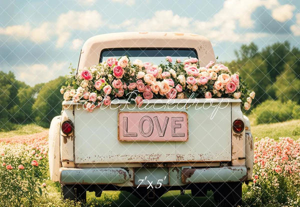 ⚡Blitzangebote #2-Kate Valentinstag Blumen Liebe Truck Grasland Hintergrund - Kate Backdrop.de