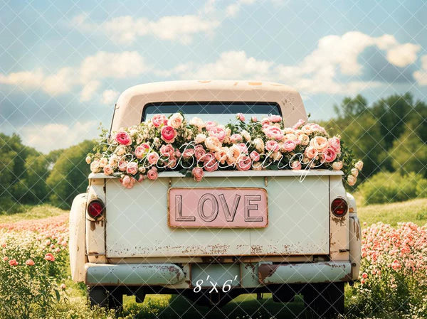 ⚡Blitzangebote #2-Kate Valentinstag Blumen Liebe Truck Grasland Hintergrund - Kate Backdrop.de