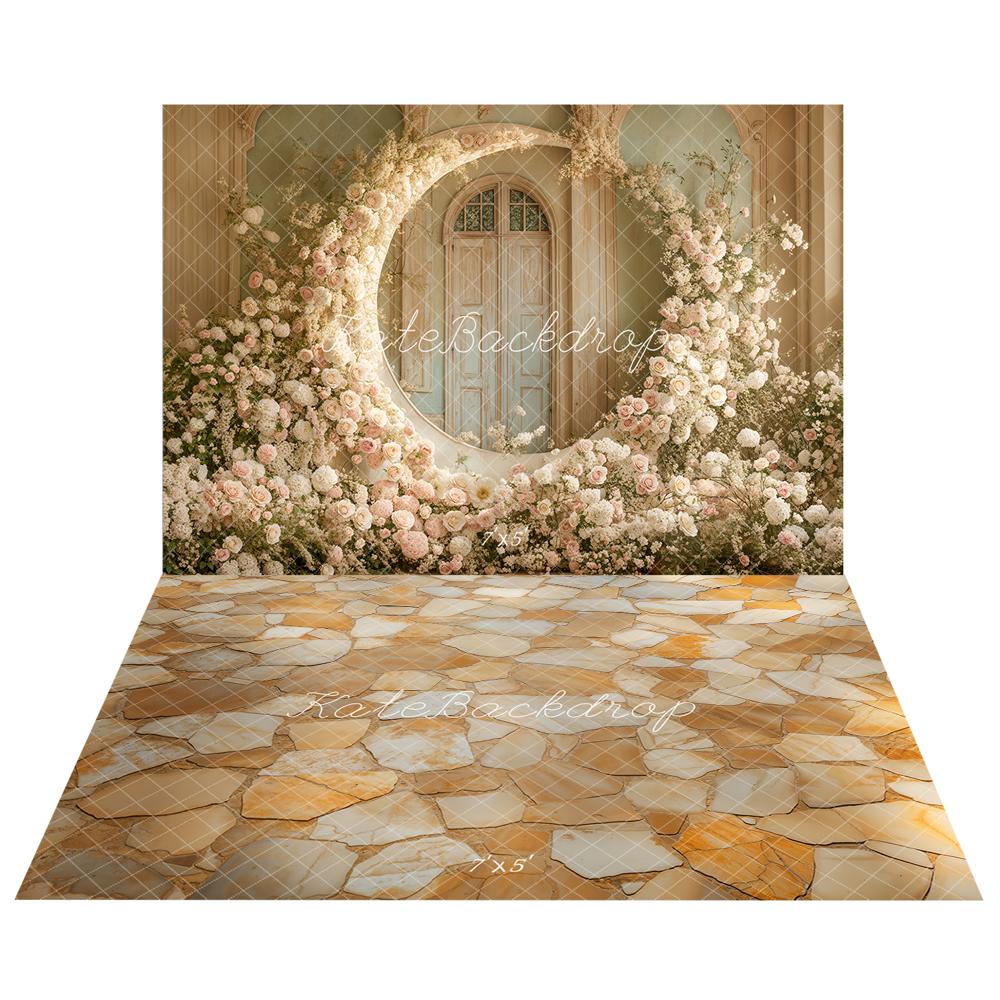 Kate Muttertag Weiße Blumen Mondbogen Hochzeit Hintergrund+Warmer gelber Steintexturboden Hintergrund - Kate Backdrop.de