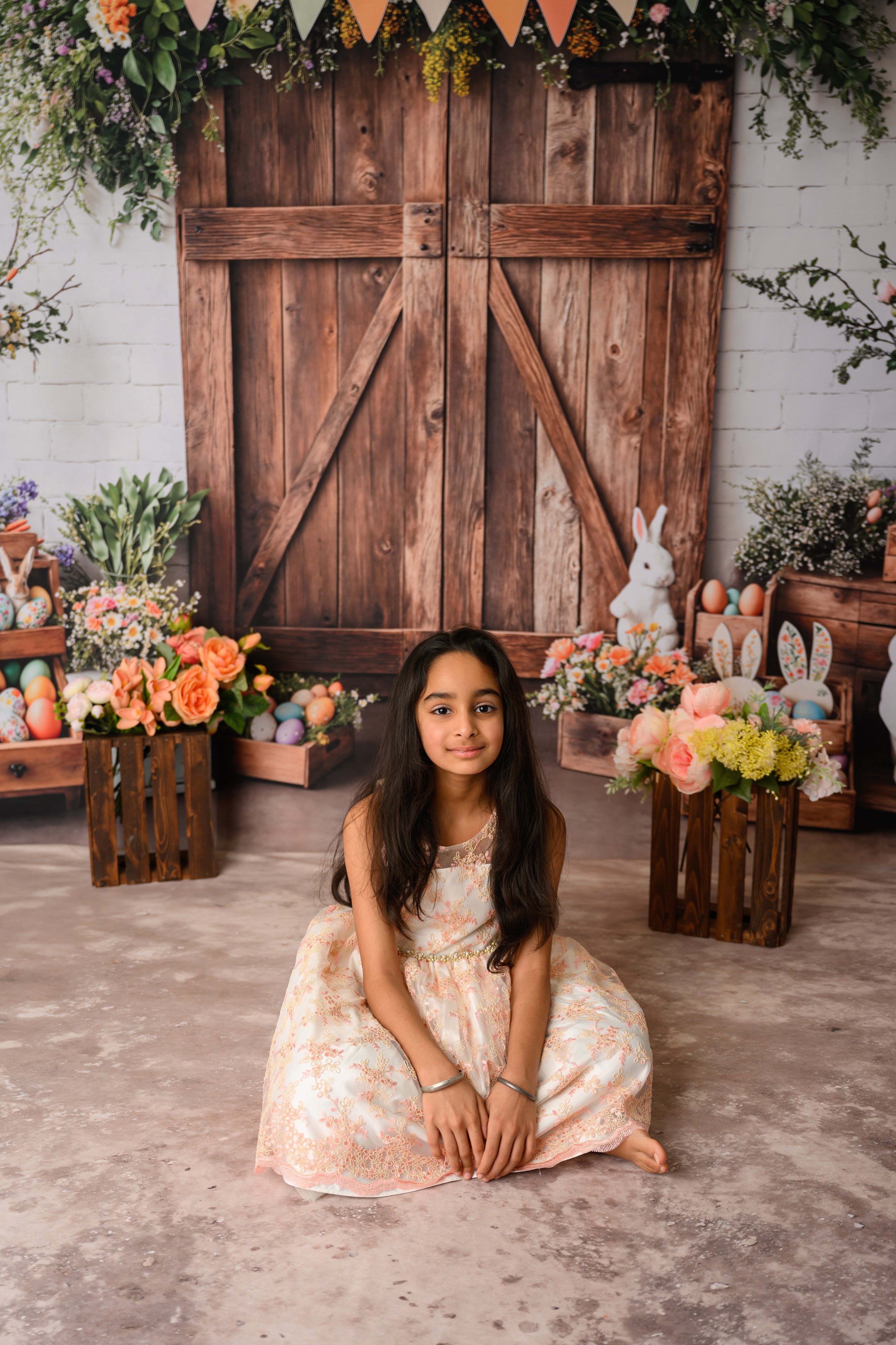 Kate Ostern Scheunentür Hase Blumen Hintergrund+Abstrakt Hellbraun Beige Boden Hintergrund - Kate Backdrop.de