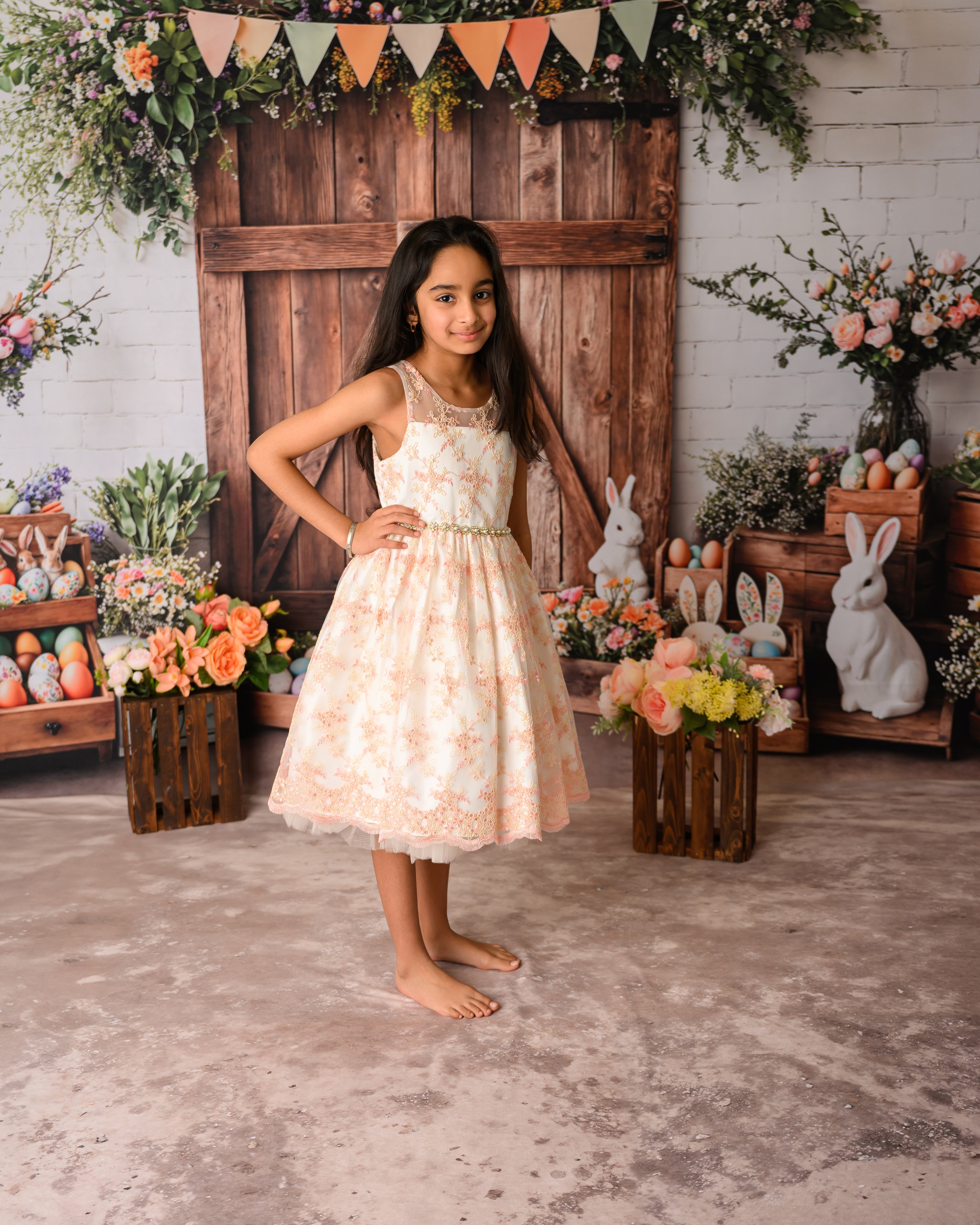 Kate Ostern Scheunentür Hase Blumen Hintergrund+Abstrakt Hellbraun Beige Boden Hintergrund - Kate Backdrop.de