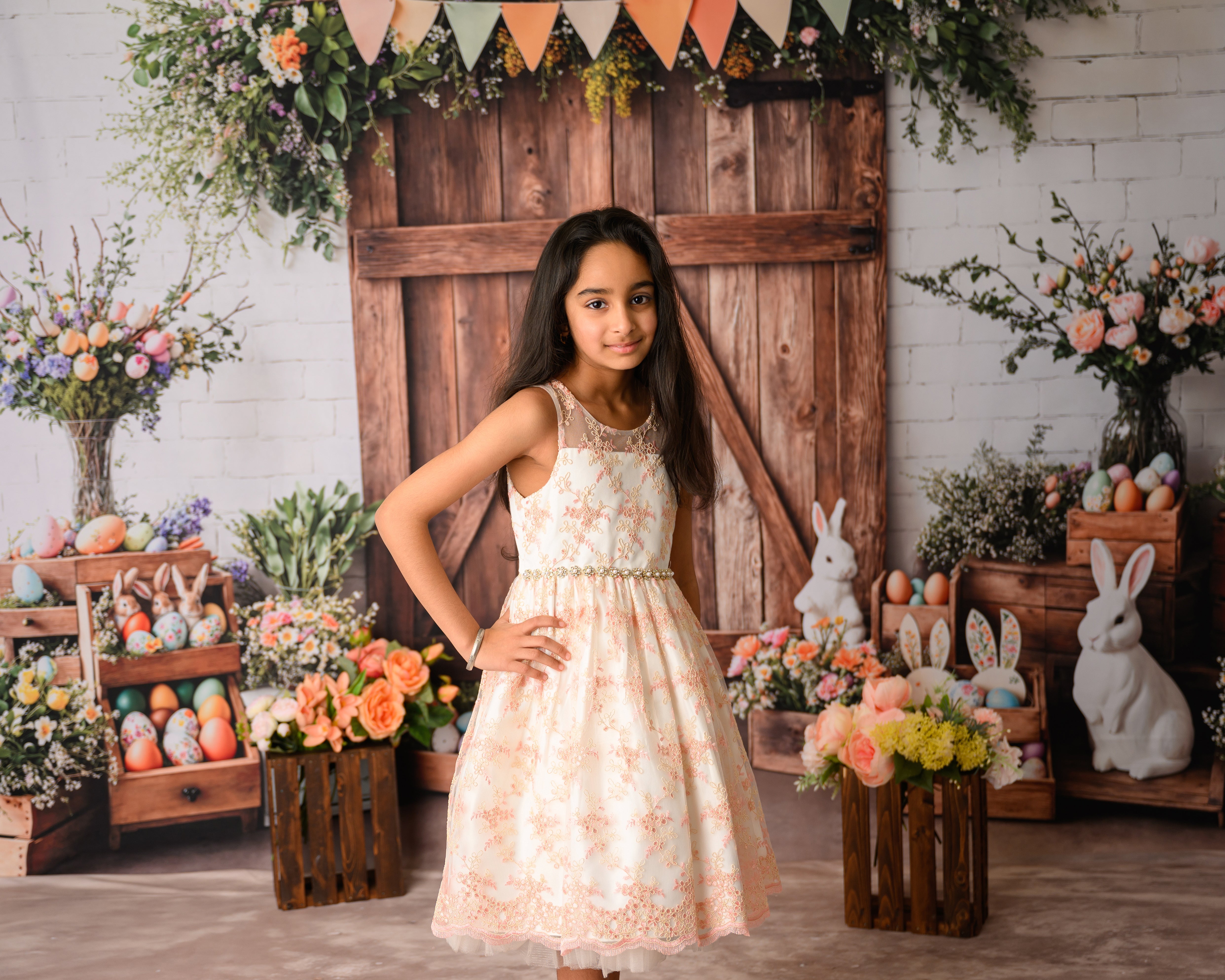 Kate Ostern Scheunentür Hase Blumen Hintergrund+Abstrakt Hellbraun Beige Boden Hintergrund - Kate Backdrop.de