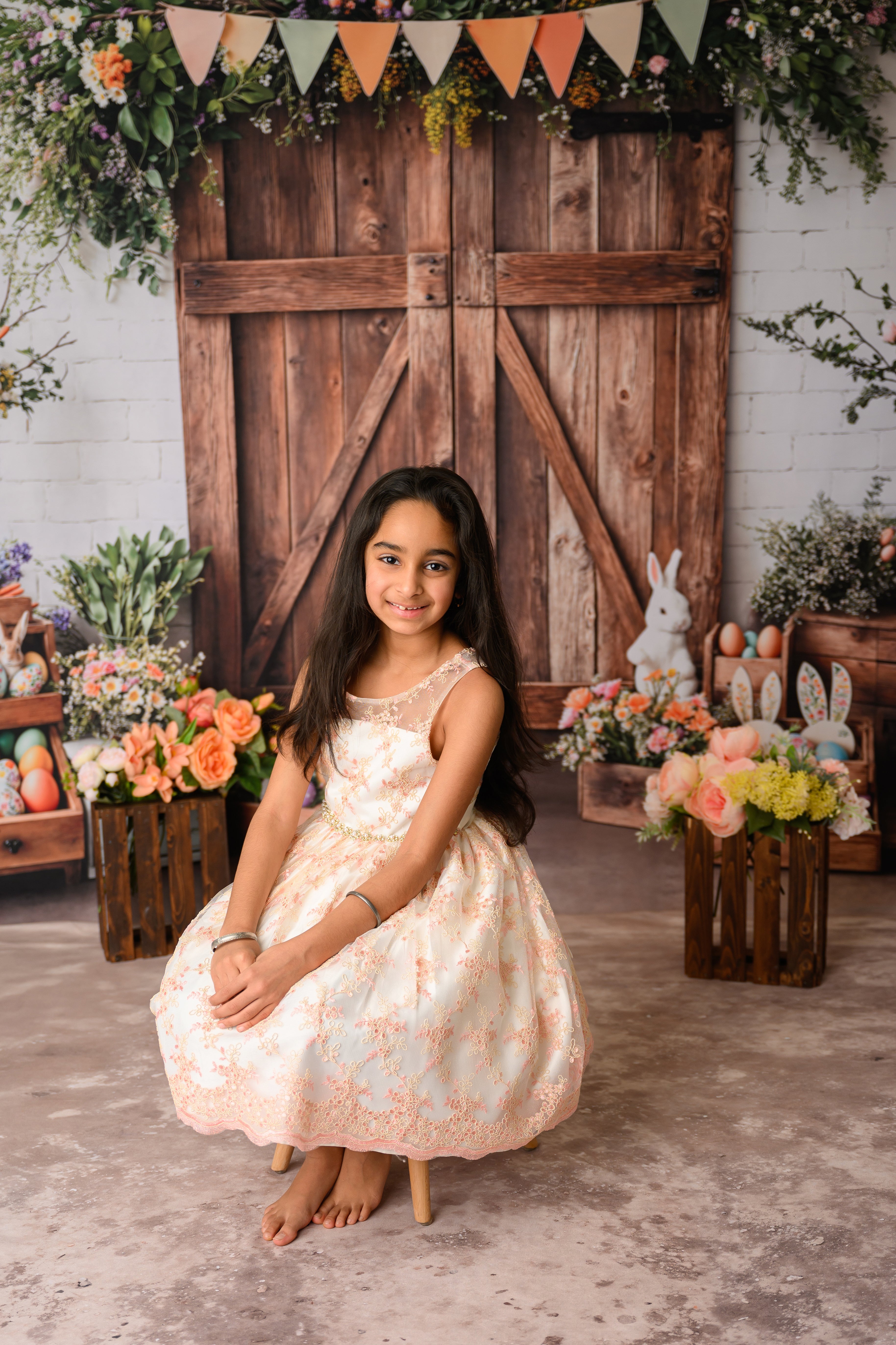 Kate Ostern Scheunentür Hase Blumen Hintergrund+Abstrakt Hellbraun Beige Boden Hintergrund - Kate Backdrop.de