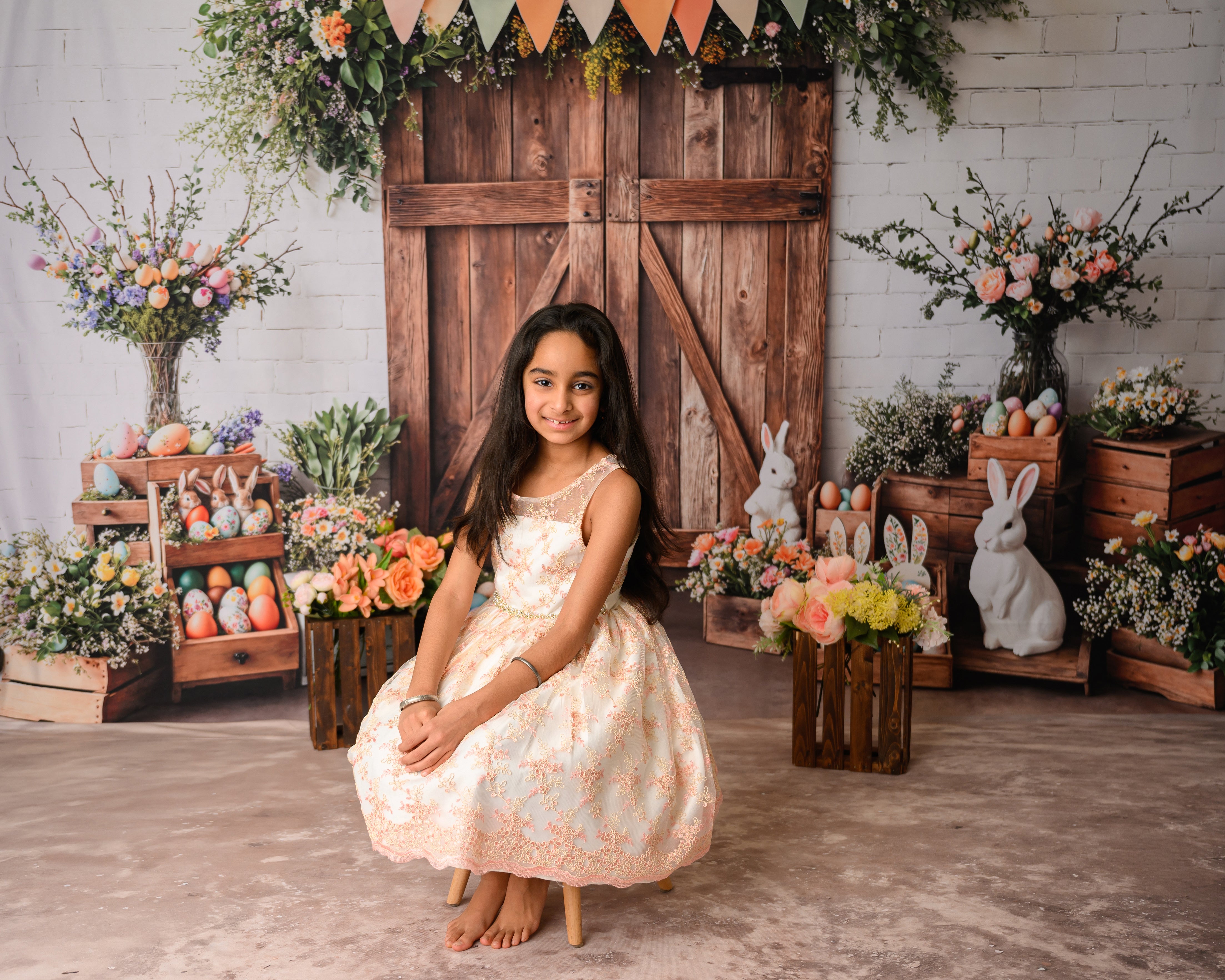 Kate Ostern Scheunentür Hase Blumen Hintergrund+Abstrakt Hellbraun Beige Boden Hintergrund - Kate Backdrop.de