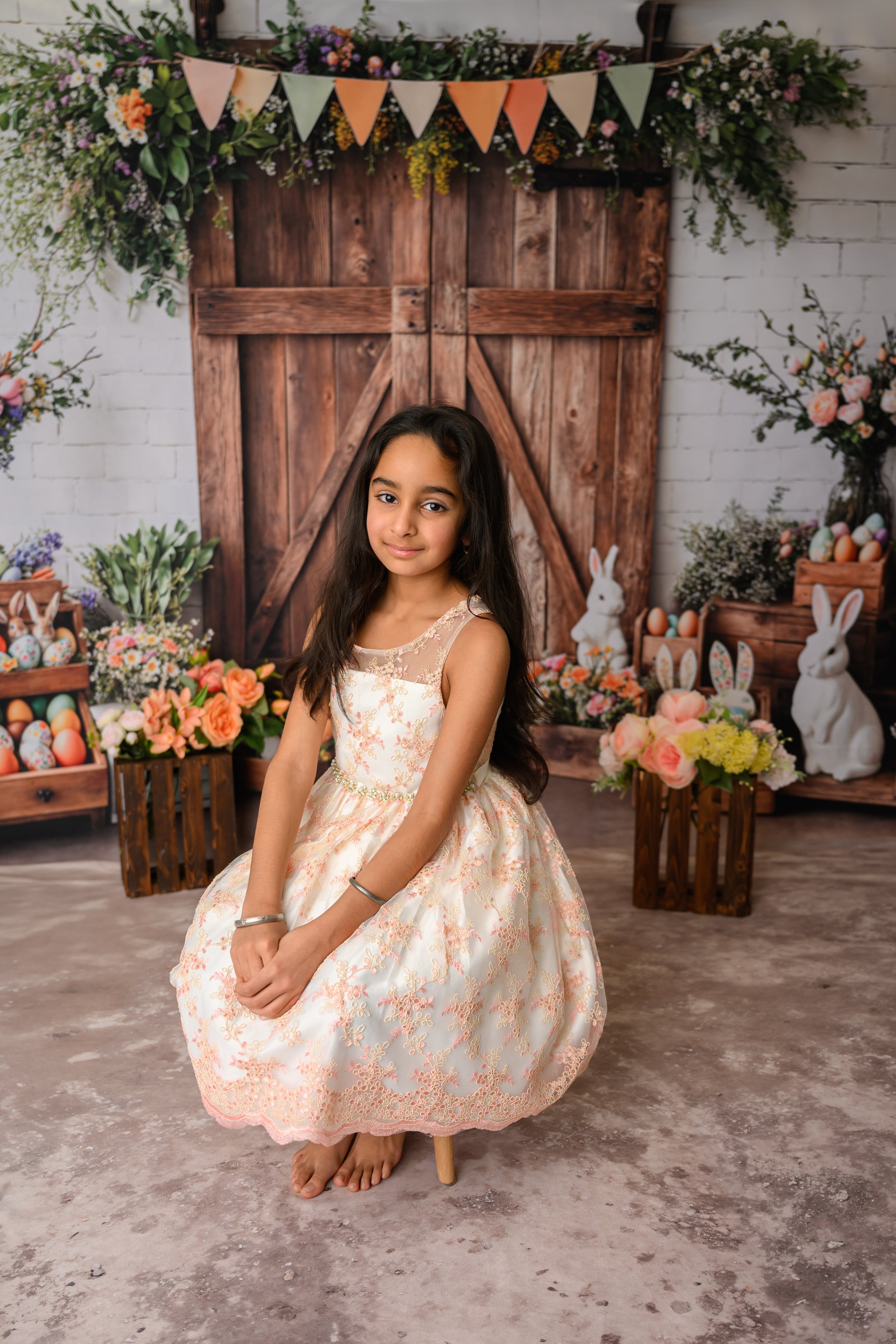 Kate Ostern Scheunentür Hase Blumen Hintergrund+Abstrakt Hellbraun Beige Boden Hintergrund - Kate Backdrop.de