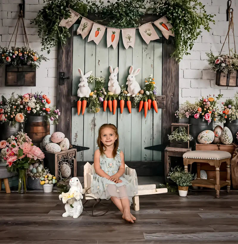 Kate Ostern - Ei Hase Möhren Holztür Hintergrund entworfen von Emetselch - Kate Backdrop.de