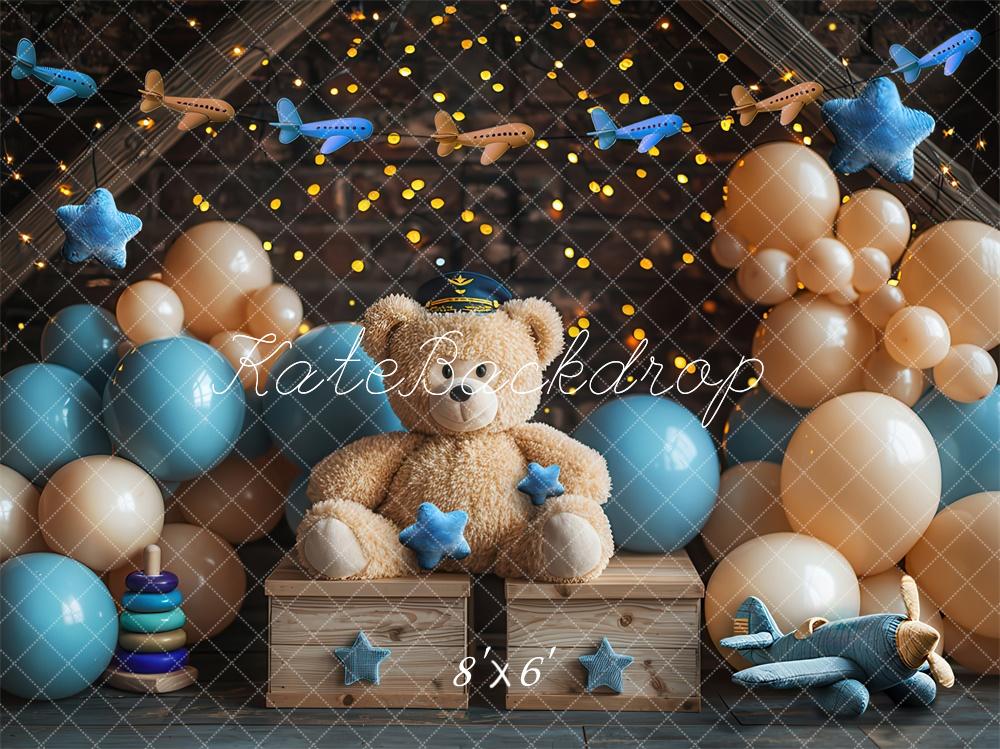 Kate Cake Smash Teddybär Flugzeugpilot Luftballon Hintergrund Von Laura Bybee - Kate Backdrop.de