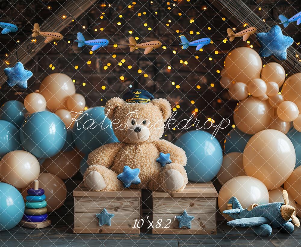 Kate Cake Smash Teddybär Flugzeugpilot Luftballon Hintergrund Von Laura Bybee - Kate Backdrop.de