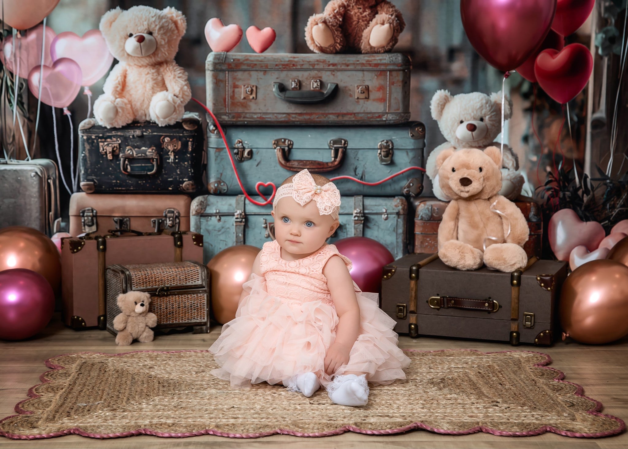 Kate Cake Smash Teddybär Koffer Luftballon Hintergrund Von Laura Bybee - Kate Backdrop.de