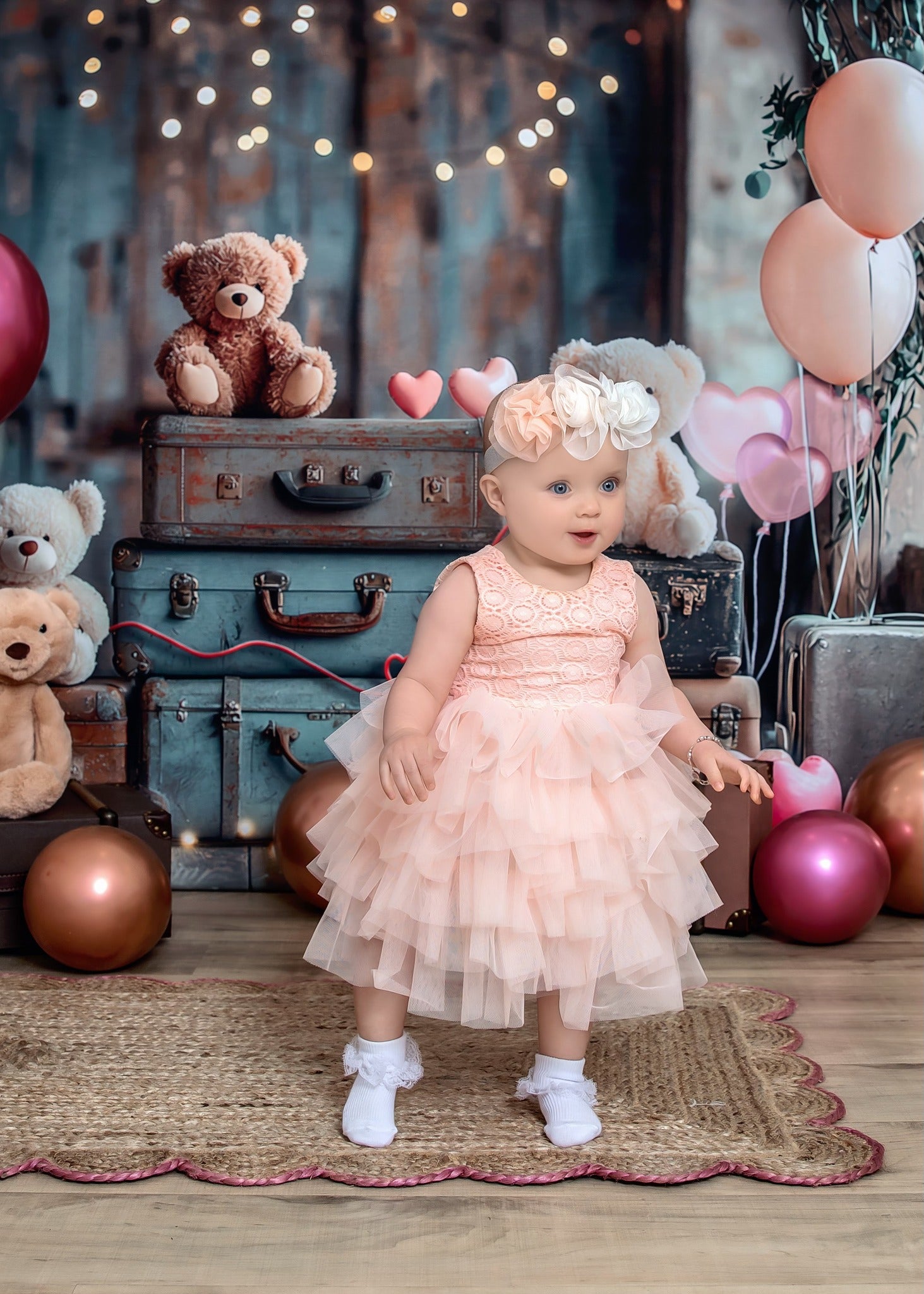 Kate Cake Smash Teddybär Koffer Luftballon Hintergrund Von Laura Bybee - Kate Backdrop.de
