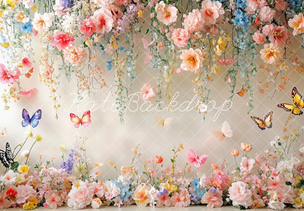 Kate Frühling Blumen Schmetterling Weiße Wand Hintergrund Entworfen von Patty Robert - Kate Backdrop.de