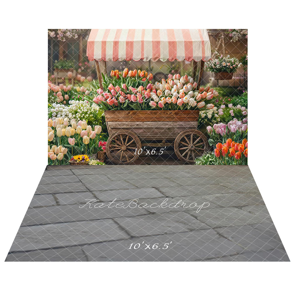 Kate Frühling Blumenwagen Tulpen Garten Hintergrund+Stein Ziegel Grauer Boden Hintergrund - Kate Backdrop.de