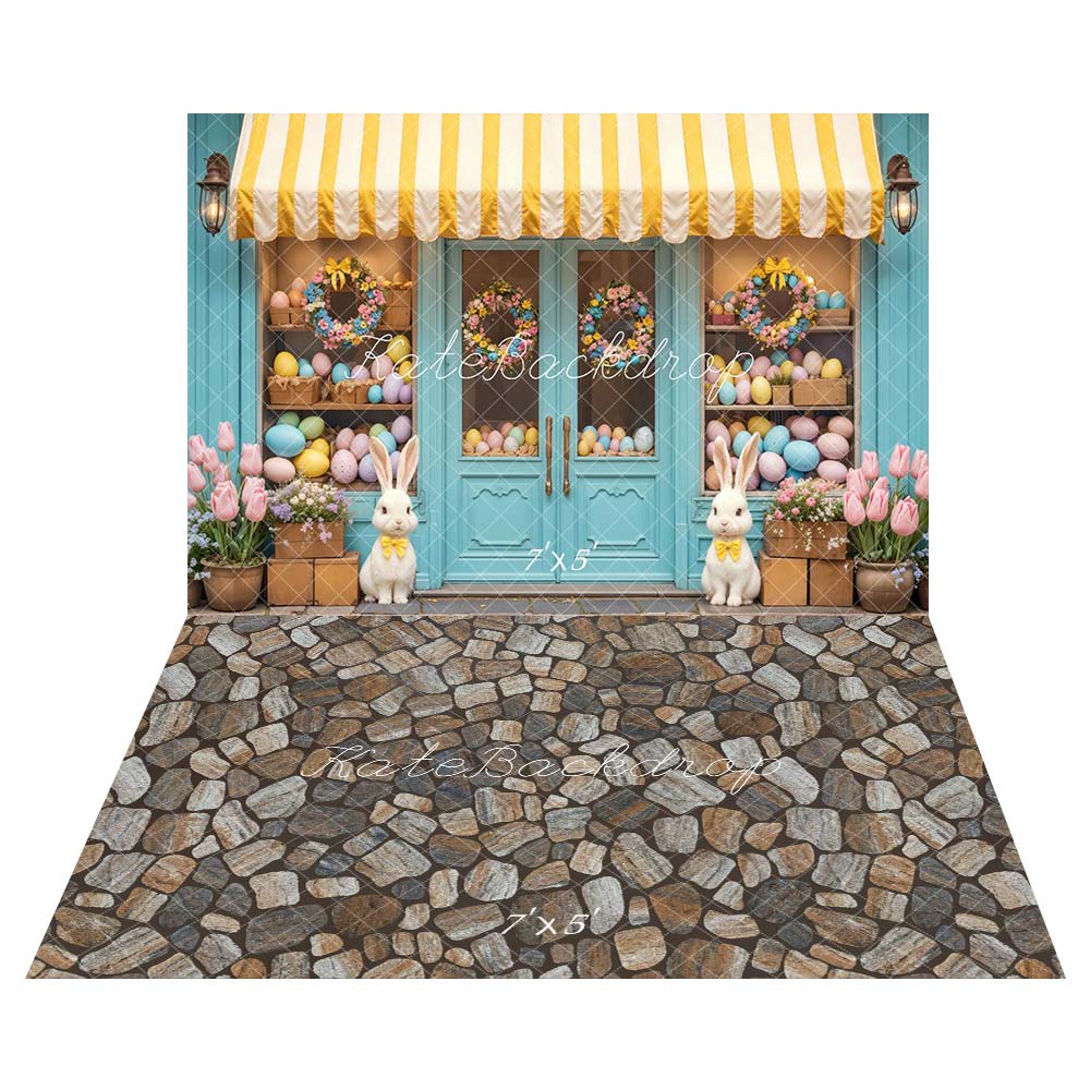 Kate Ostern Pastal-Eier Bunnuy Blumenkranz Geschäft Hintergrund+Brauner grauer Steinboden Hintergrund - Kate Backdrop.de