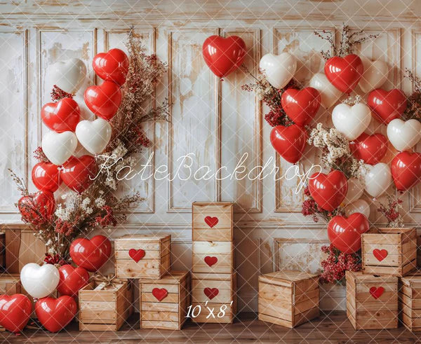 ⚡Blitzangebote #1-Kate Valentinstag Herz Ballons Rustikales Holz Hintergrund - Kate Backdrop.de