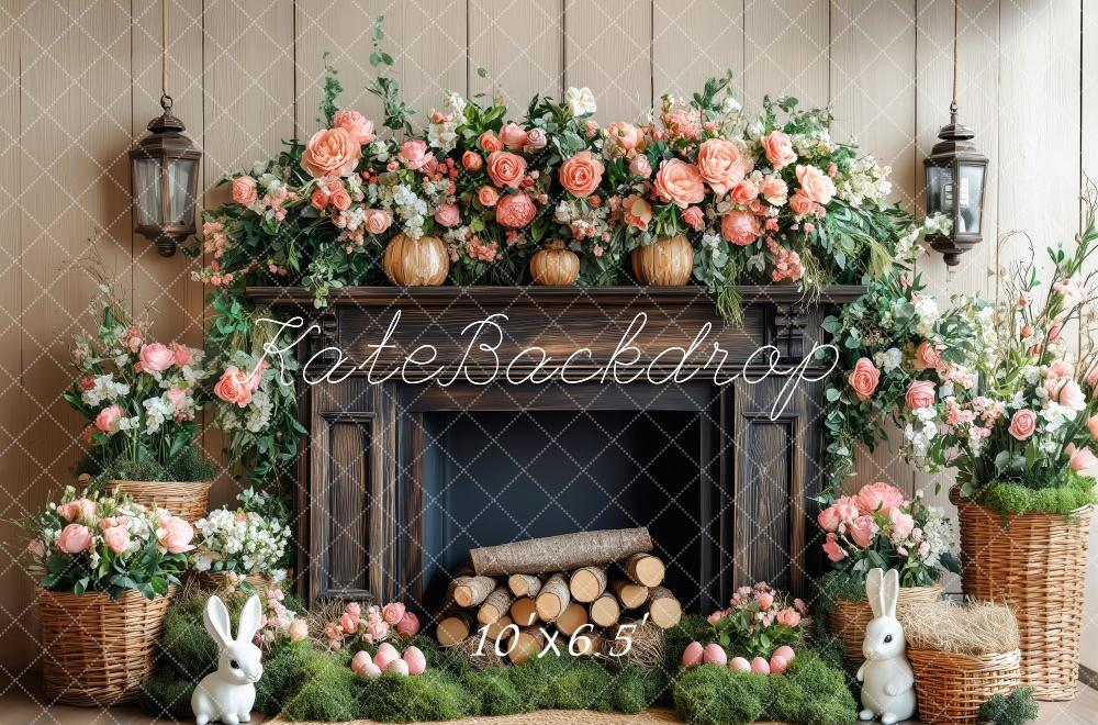 Kate Ostern Hase Blumen Kamin Holz Hintergrund von Patty Roberts - Kate Backdrop.de
