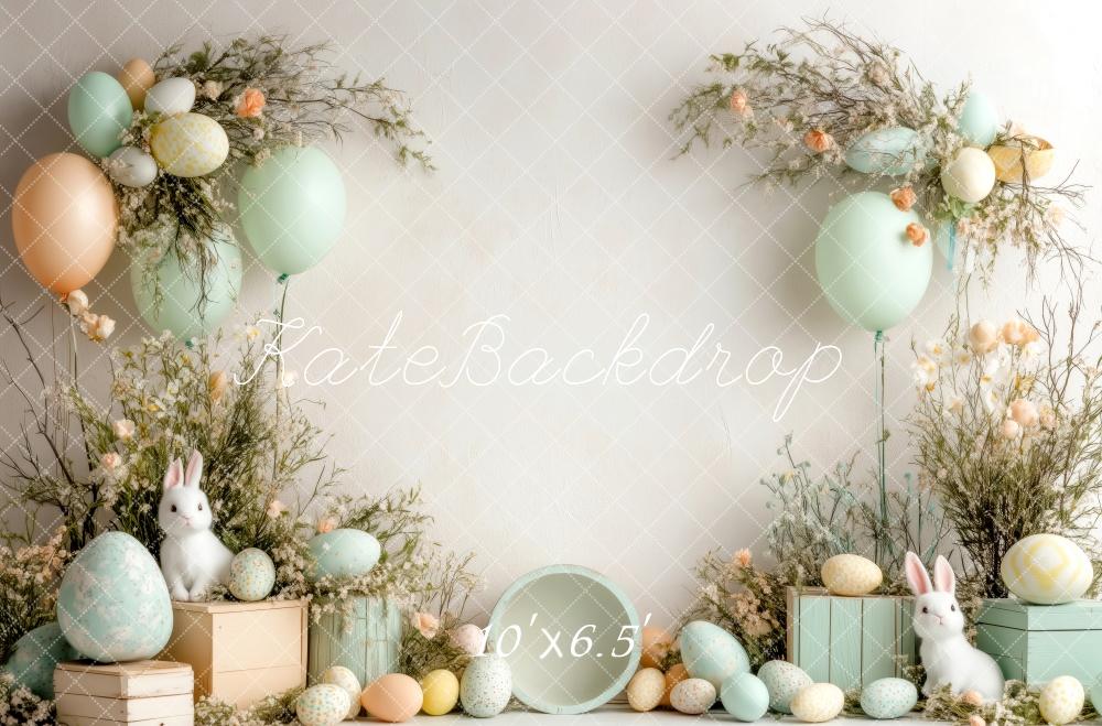 Kate Ostern Hase Pastell Eier Luftballons Hintergrund Entworfen von Patty Robert - Kate Backdrop.de