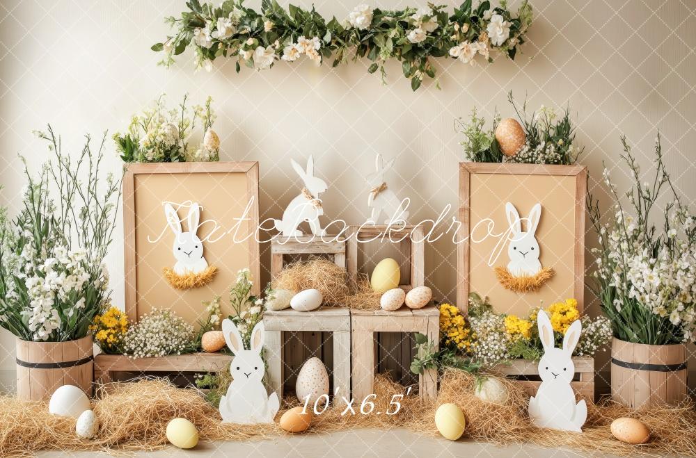 Kate Ostern Hase Blumen-Eier Rustikal Hintergrund Entworfen von Patty Robert - Kate Backdrop.de