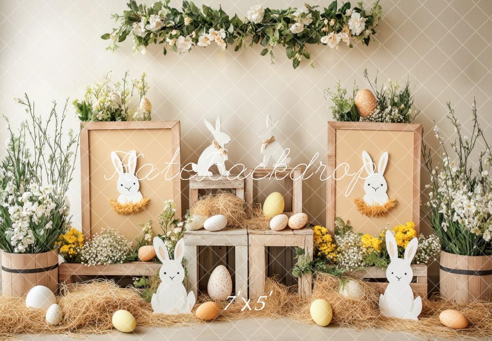 Kate Ostern Hase Blumen-Eier Rustikal Hintergrund Entworfen von Patty Robert - Kate Backdrop.de