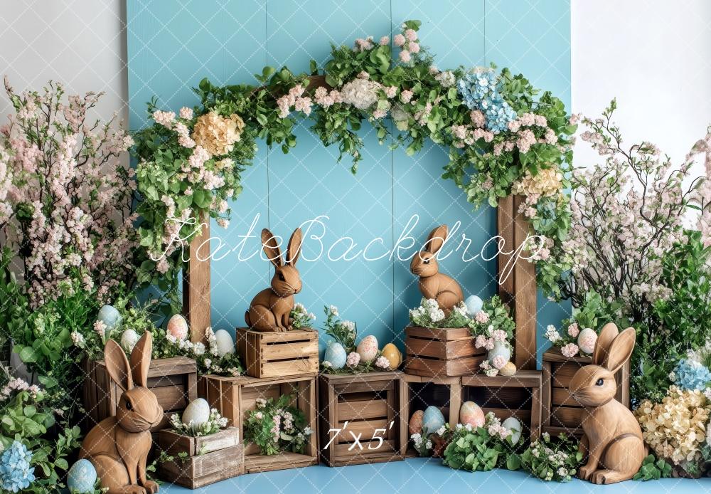 Kate Ostern Hase Blumen Bogen Rustikal Hintergrund Entworfen von Patty Robert - Kate Backdrop.de