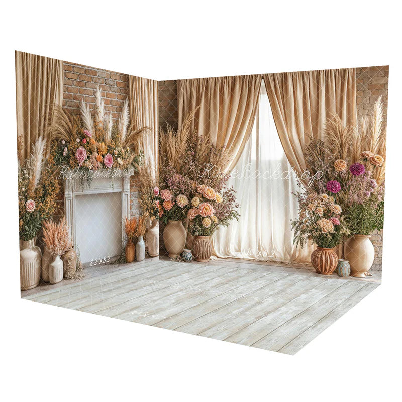 🔥50%OFF-Kate Boho Blumen Kaminvorhang Beige Raum Hintergrund-Set - Kate Backdrop.de