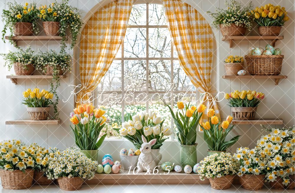 Kate Ostern Hase Blumen Fenster Vorhang Hintergrund entworfen von Emetselch - Kate Backdrop.de