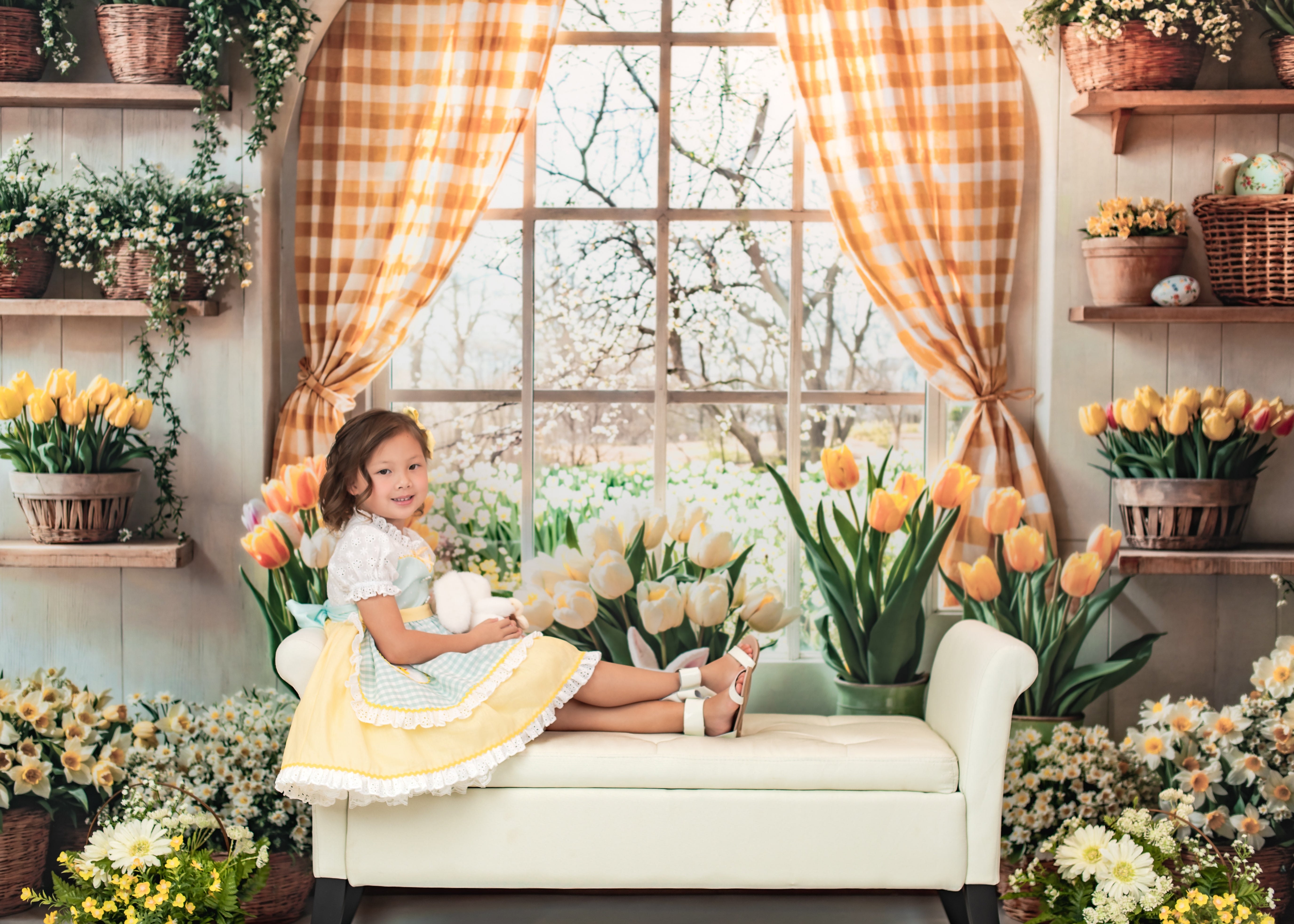 Kate Ostern Hase Blumen Fenster Vorhang Hintergrund entworfen von Emetselch - Kate Backdrop.de