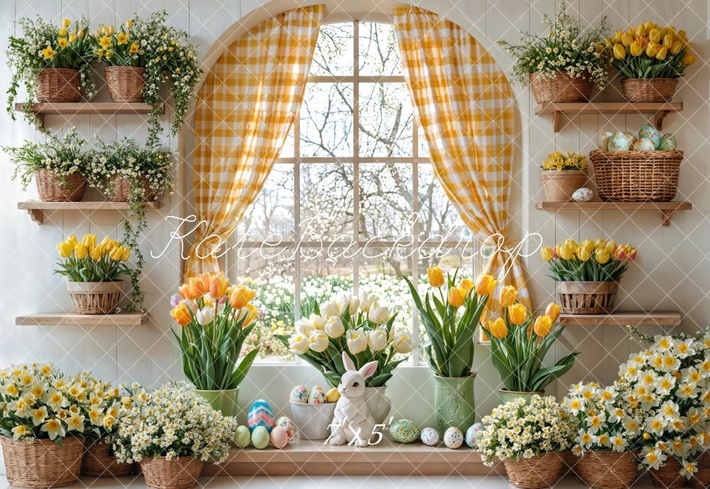 Kate Ostern Hase Blumen Fenster Vorhang Hintergrund entworfen von Emetselch - Kate Backdrop.de