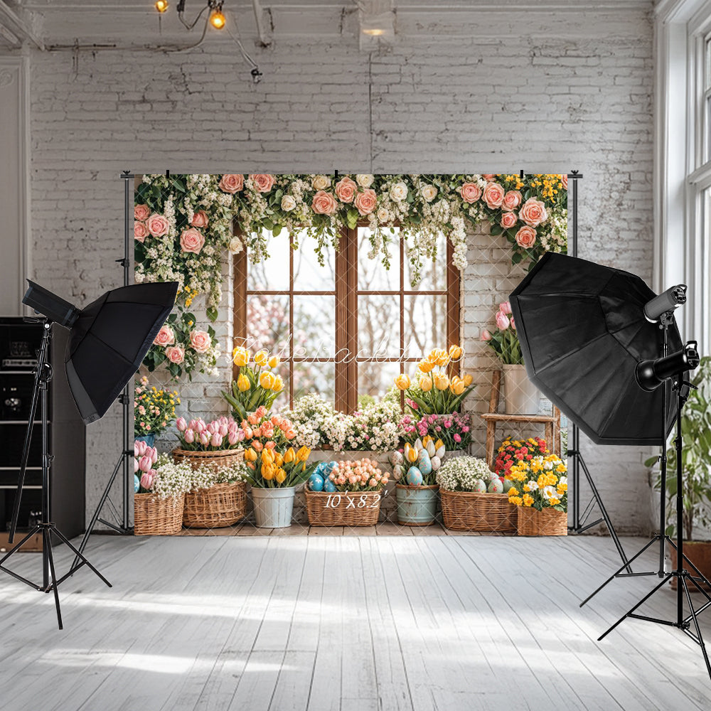 Kate Ostern Hase Blumen Fenster Vorhang Hintergrund entworfen von Emetselch - Kate Backdrop.de