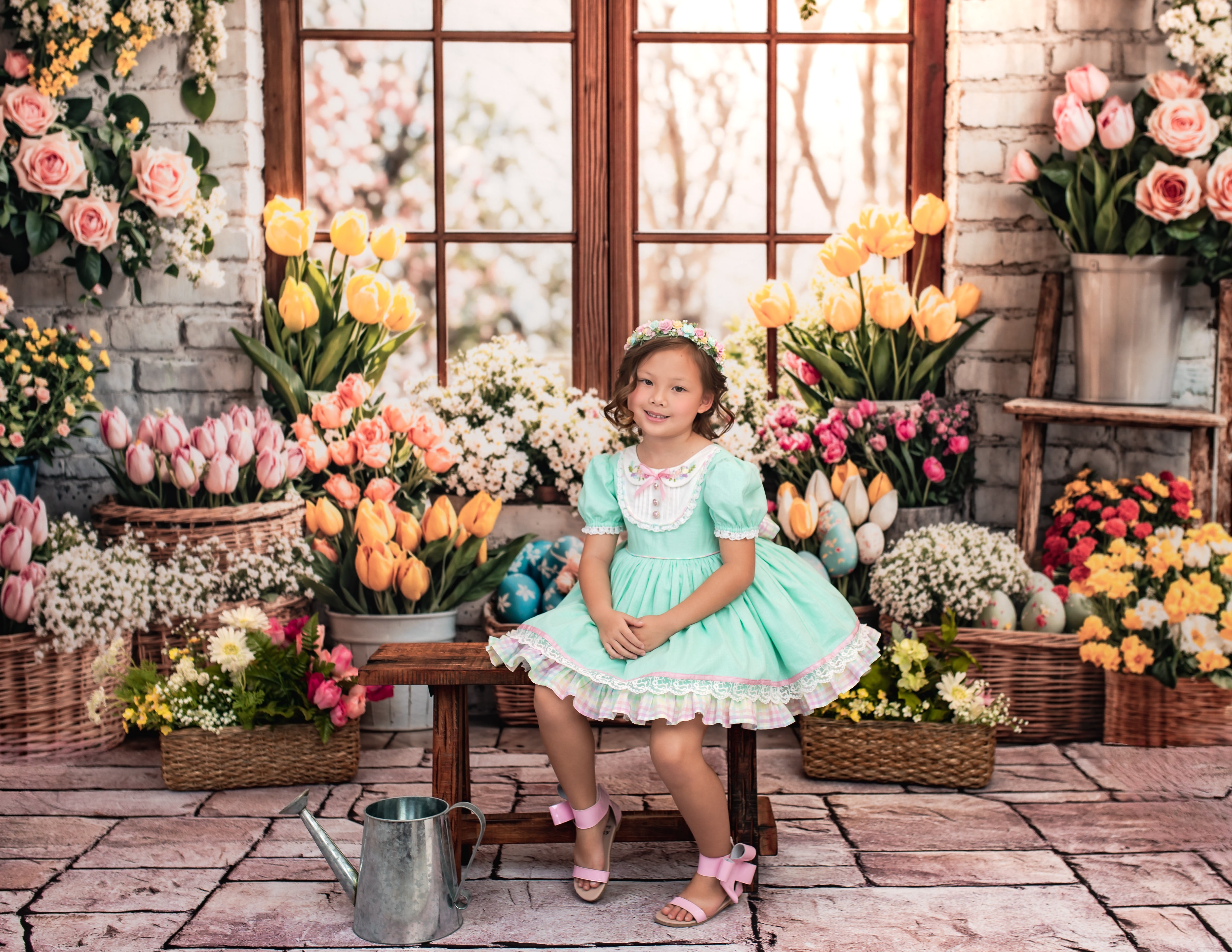 Kate Ostern Hase Blumen Fenster Vorhang Hintergrund entworfen von Emetselch - Kate Backdrop.de