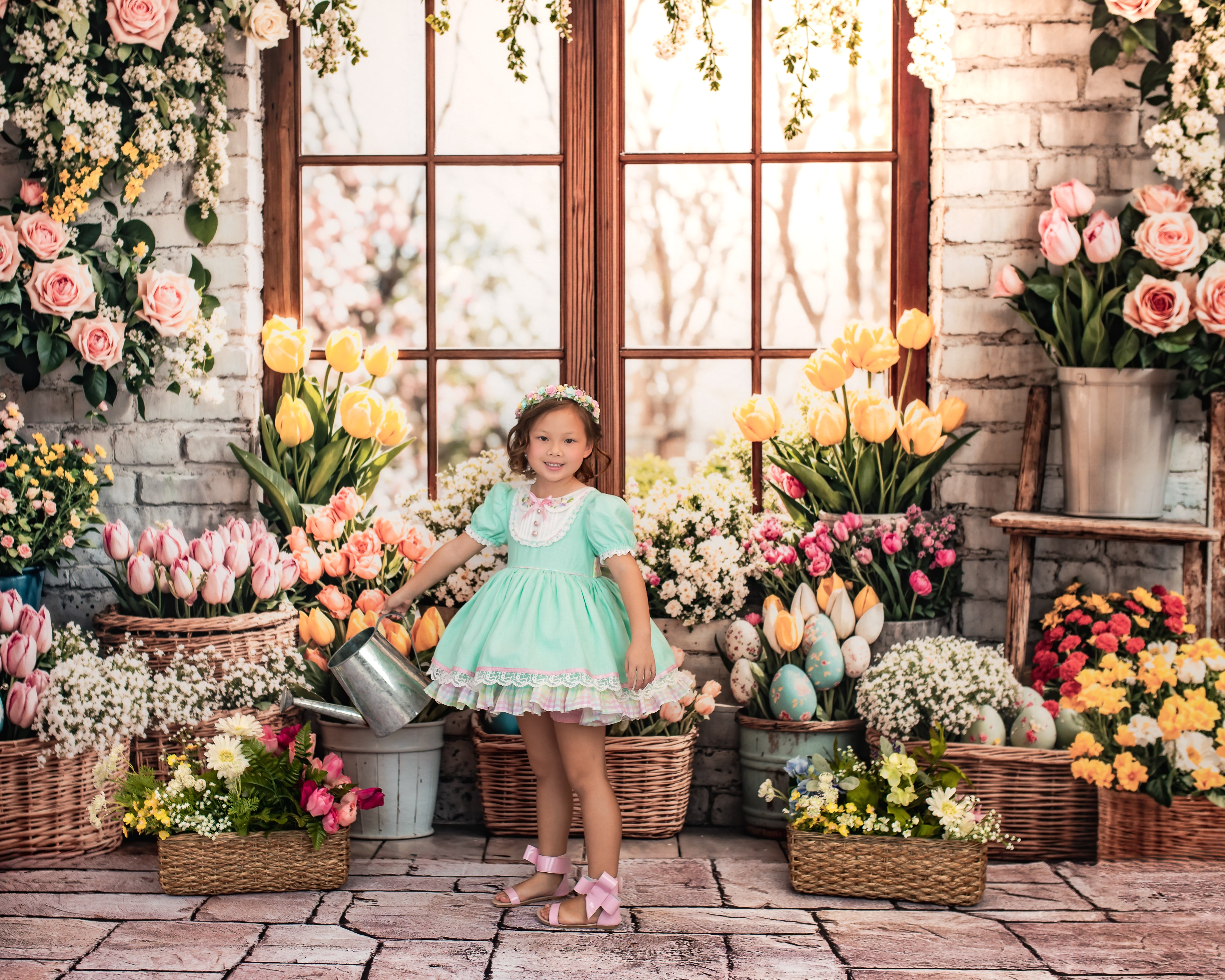 Kate Ostern Hase Blumen Fenster Vorhang Hintergrund entworfen von Emetselch - Kate Backdrop.de