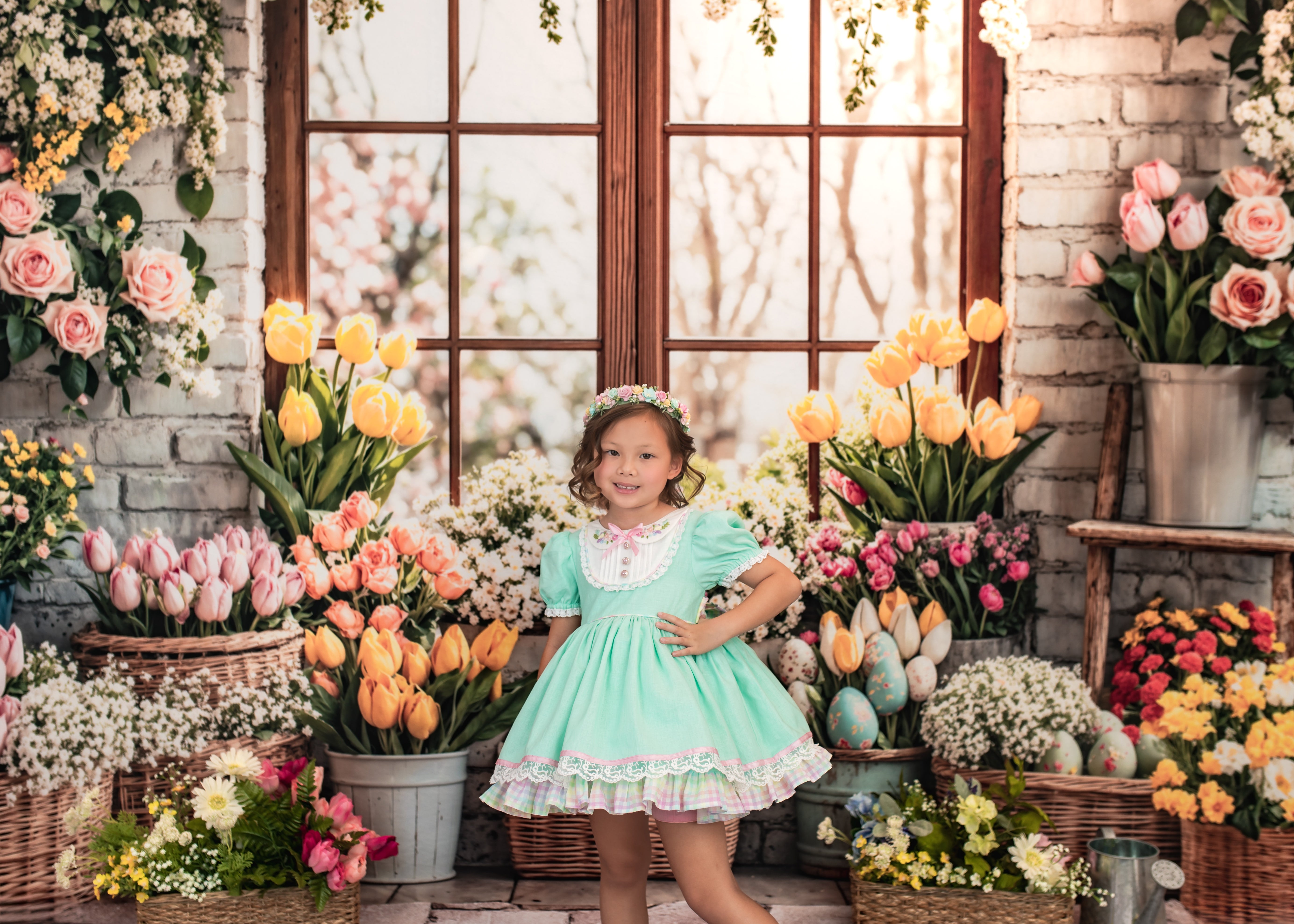Kate Ostern Hase Blumen Fenster Vorhang Hintergrund entworfen von Emetselch - Kate Backdrop.de