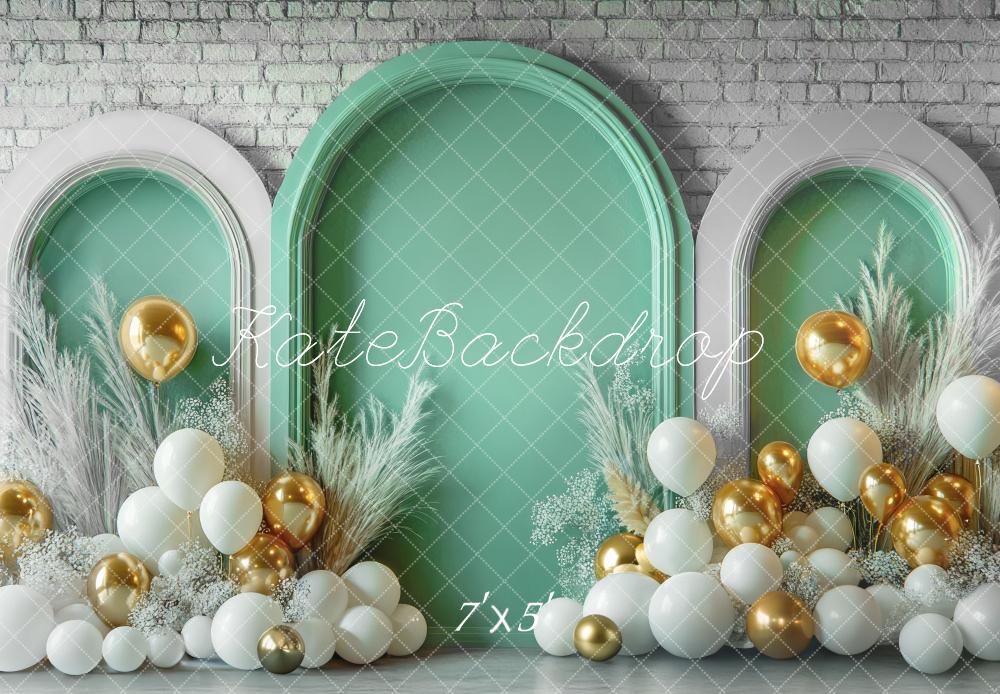 Kate Frühling Blau Grün Ballonbogen Ziegelmauer hintergrund Entworfen von Mini MakeBelieve - Kate Backdrop.de