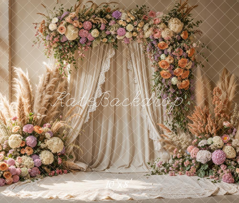 Kate Boho Blumenbogen Drapierte Hochzeit Fleece Hintergrund - Kate Backdrop.de