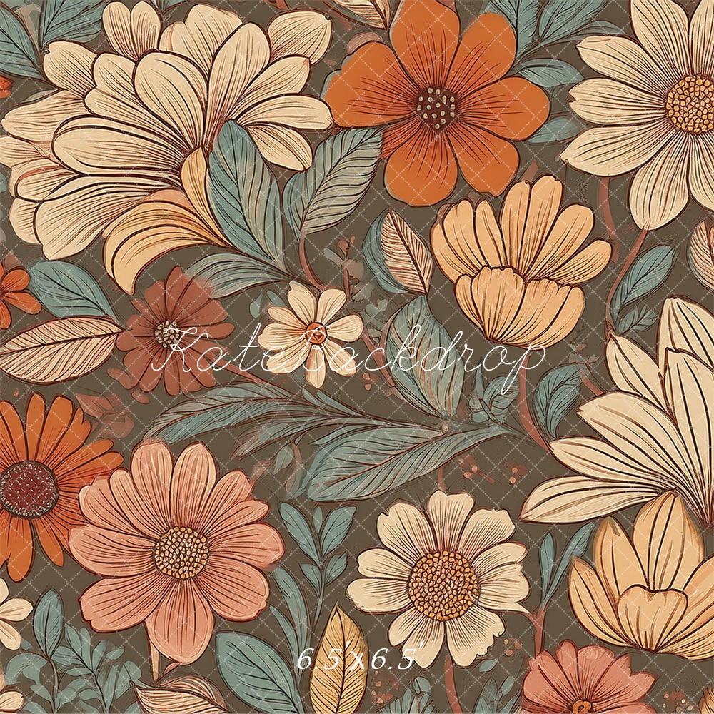 Kate Retro-Blumenmuster in Koralle, Teal und Elfenbein Hintergrund von Mandy Ringe Fotografie - Kate Backdrop.de