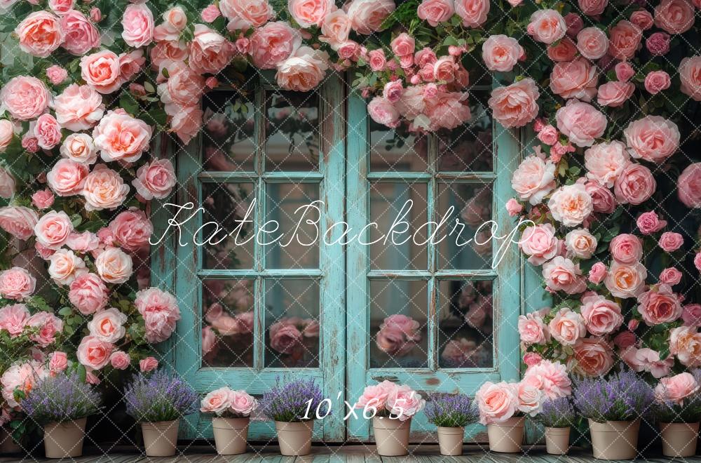 Kate Frühling Teal Double Doors Rosa Rosen Hintergrund Entworfen von Mini MakeBelieve - Kate Backdrop.de
