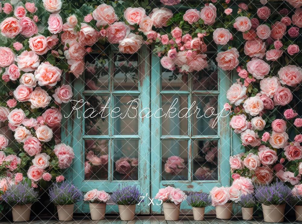 Kate Frühling Teal Double Doors Rosa Rosen Hintergrund Entworfen von Mini MakeBelieve - Kate Backdrop.de