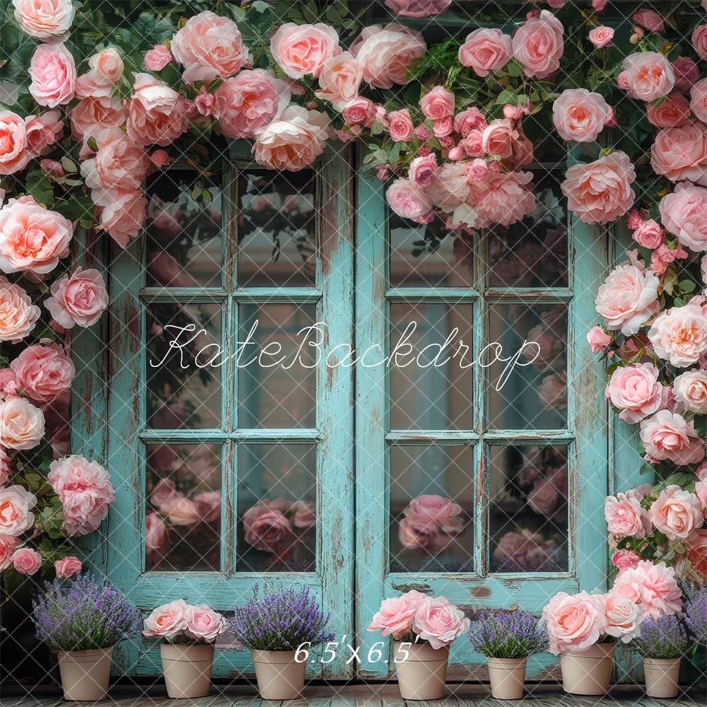 Kate Frühling Teal Double Doors Rosa Rosen Hintergrund Entworfen von Mini MakeBelieve - Kate Backdrop.de